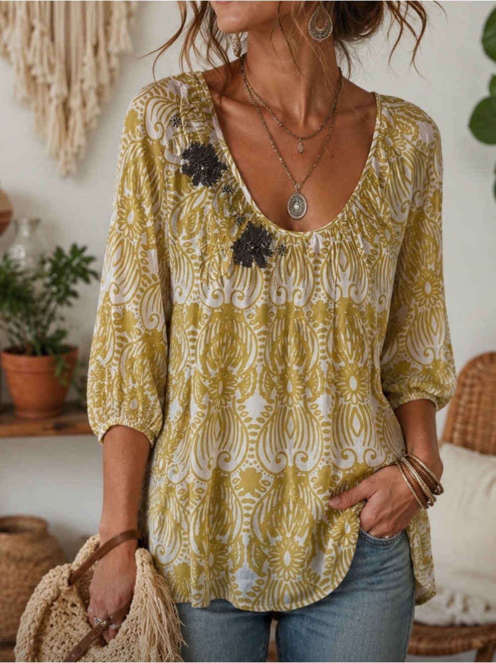 Anthropologie Edme & Esyllte Womens Size 4 Yellow 100% Silk Blouse Beaded